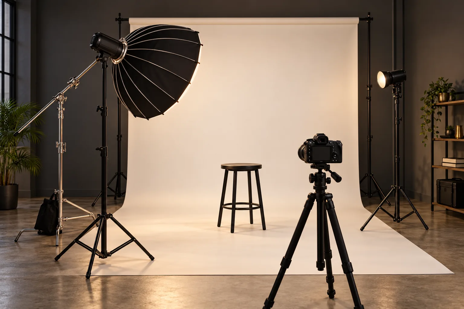 AI-generated studio concept with an empty posing stool, ivory backdrop, softbox lights and a camera on a tripod